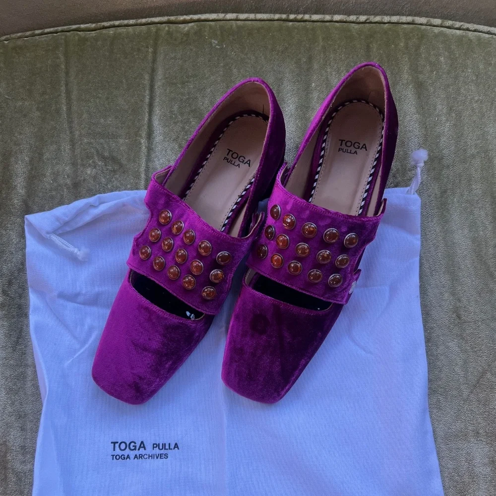 Toga Pulla Velvet Embellished Loafers, Size 41, Purple - Picture 3 of 15